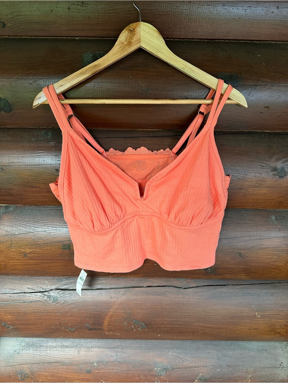 Aerie Coral Real Good Ribbed Bralette/Bra Top w/lace back